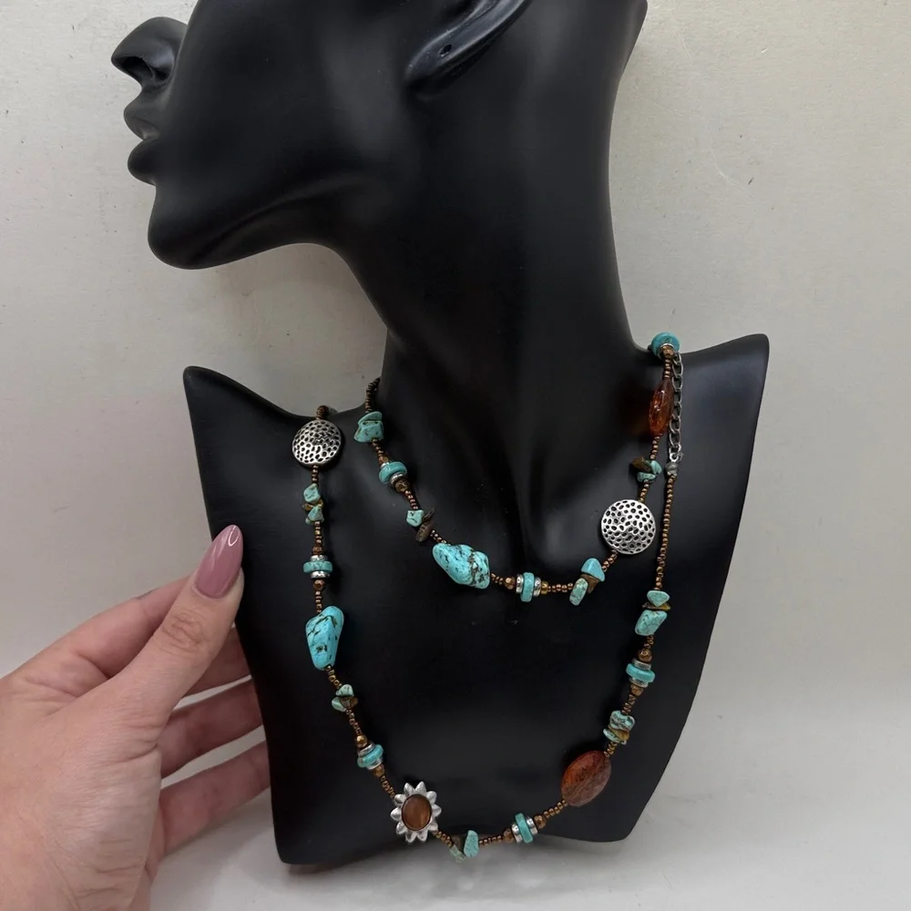 Boho Blue Amber Beaded Necklace Silver Tone Sunburst Charms Southwestern - Picture 2 of 5